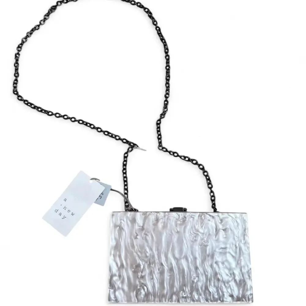 Pearlescent Acrylic Box Clutch Ivory Iridescent White Marble Evening Bag - Picture 2 of 4
